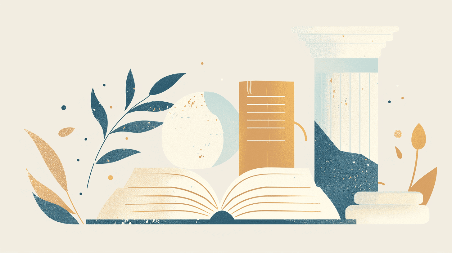 Vector illustration including books, a Greek pillar, the moon and a leaf.